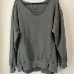 Aerie Womens Sweatshirt Distressed Green Slits Longer Back XS Raw Rolled Neck